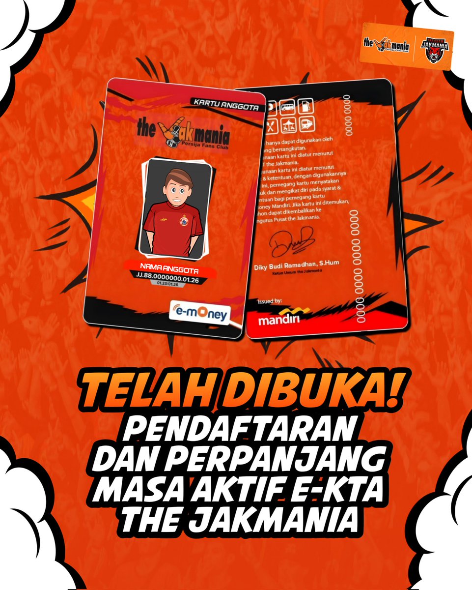 InfokomJakmania's tweet photo. 𝐓𝐇𝐄 𝐉𝐀𝐊...!

Pendaftaran dan perpanjangan KTA the Jakmania telah dibuka kembali!

Biaya pendaftaran adalah sebesar Rp150,000,00. Kalian sudah mendapatkan eKTA dengan kartu berbayar elektronik dari e-money dan kaos anggota.
_
#InfokomJakmania
#PersijaSelamanya https://t.co/sMTiddehro