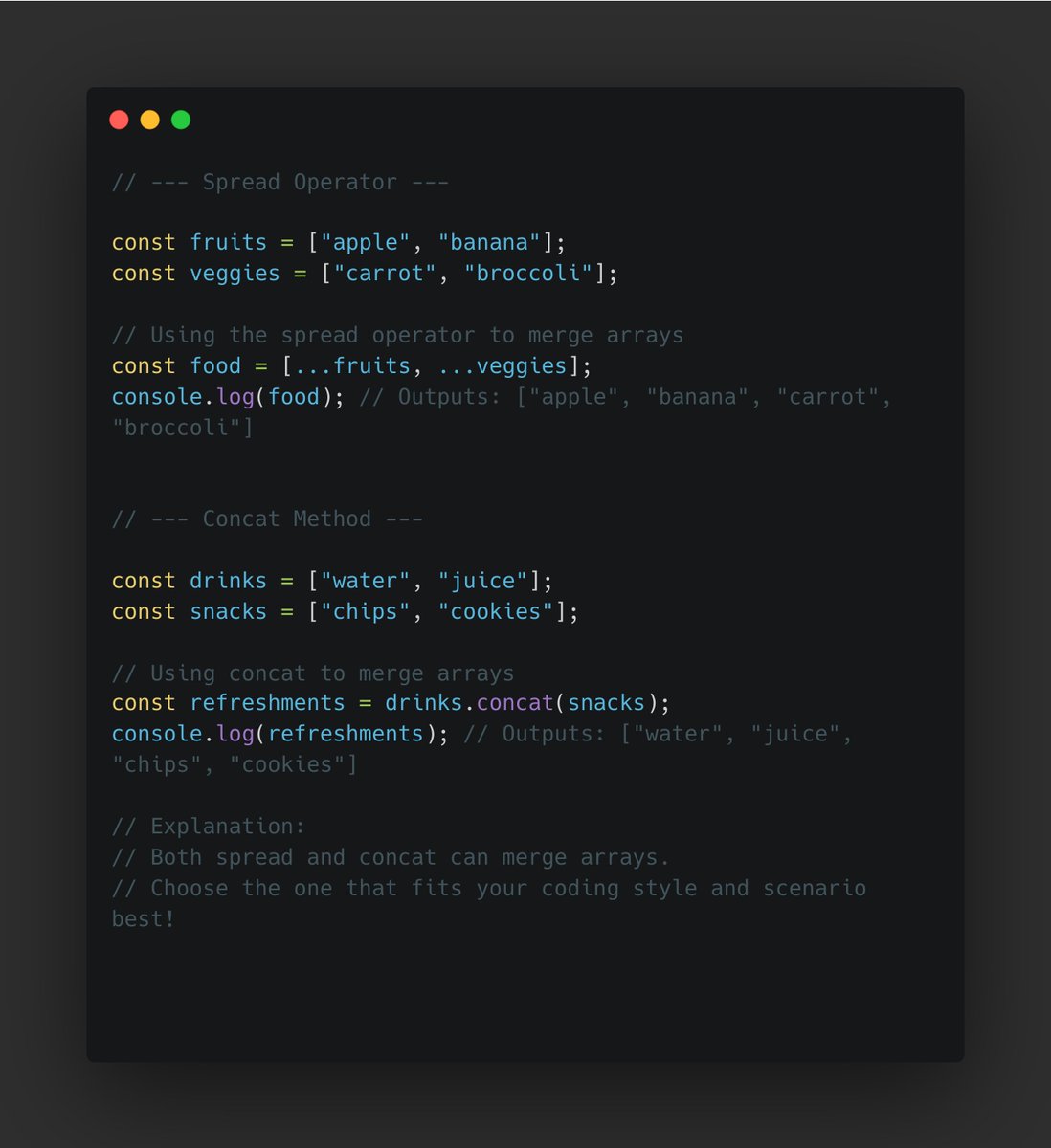 tgod_ajayi's tweet image. 🚀 Dive into #JavaScript Arrays! Today's gems: Spread Operator & Concat 📚
🔸 Spread Operator (`...`): Unpack elements from arrays.
🔸 Concat: Merge multiple arrays.
See the Image for real life example! ⬇️🖼️
#WebDev #ArrayTips #CodingTips