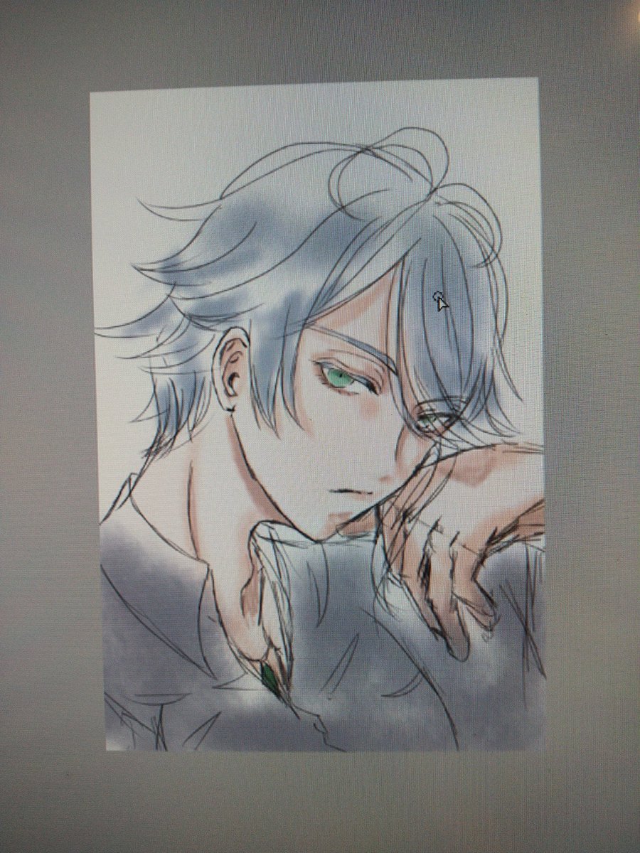 1boy male focus solo green eyes blue hair looking at viewer shirt  illustration images