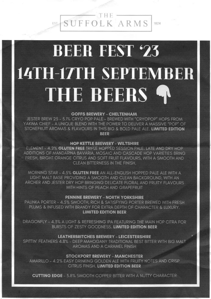 CheltBeerWeek's tweet photo. Going all out for C&amp;G beer week @The_SuffolkArms are putting on an array of events throughout, starting with a Beer Geek quiz hosted by @GoffsBrewery. Live music, beer &amp; pie flights &amp; beer brunch make up the rest of the week. Check them out! 🍺 https://t.co/nxTLqFo6Km