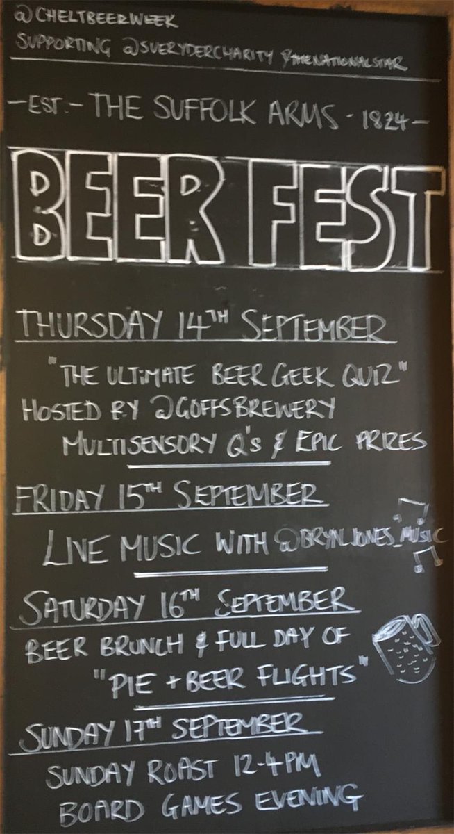 CheltBeerWeek's tweet photo. Going all out for C&amp;G beer week @The_SuffolkArms are putting on an array of events throughout, starting with a Beer Geek quiz hosted by @GoffsBrewery. Live music, beer &amp; pie flights &amp; beer brunch make up the rest of the week. Check them out! 🍺 https://t.co/nxTLqFo6Km