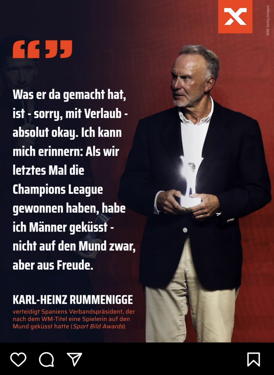 Völlig normal, dass andere Männer entscheiden was okay ist und was nicht und wann Frauen sich sexuell belästigt zu fühlen haben und wann nicht.

Rummenigge ist übrigens einer der mächtigsten Männer im Weltfussball. 

Fußball als Brennglas des Patriarchats. 

#Rubiales