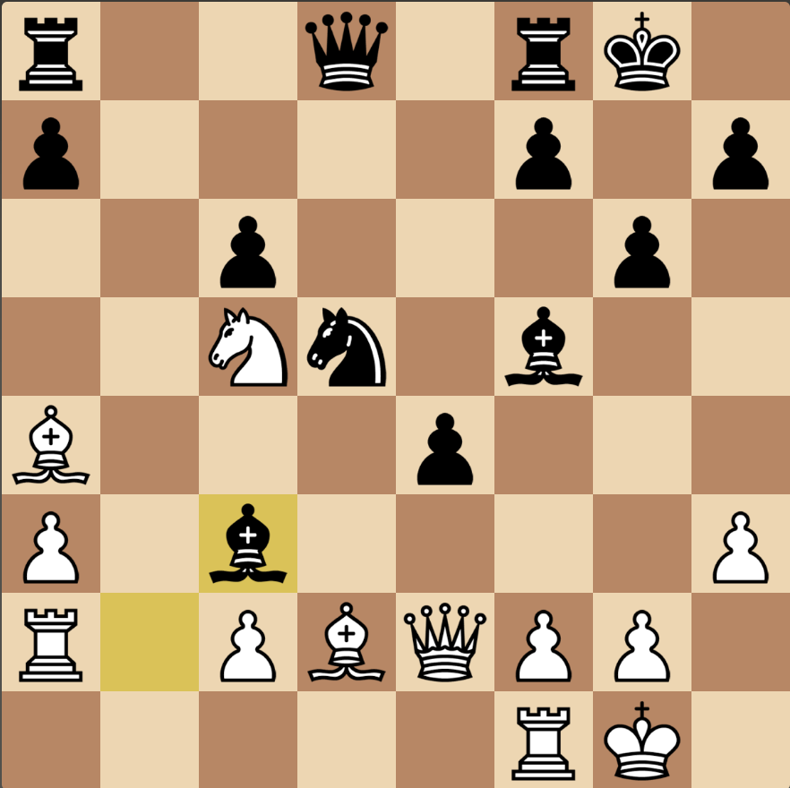 Carelessly, I found myself in this position in a daily game, with the threat of a fork from the knight if I took the bishop. But I saw a line that could give me a significant advantage & rescue me (& broadly did). The first move is easy. Can you see the whole line? #chesspunks