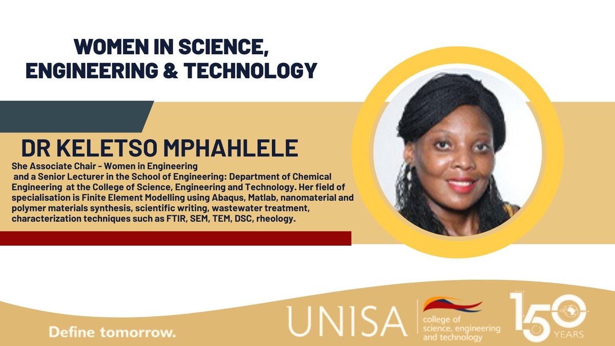 UnisaCSET's tweet photo. [CSET WOMEN'S MONTH CELEBRATION] We shine the spotlight on Dr Keletso Mphahlele this woman’s month for her remarkable contributions within the Chemical Engineering Department in the College of Science, Engineering & Technology. 
#WomanInScienceEngineeringAndTech
#WomansMonth 
#CSET #UnisaCelebrates150Years