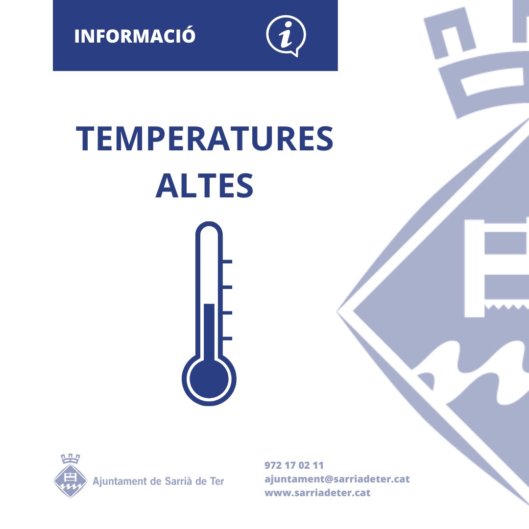 SarriadeTer's tweet photo. 🌡️ TEMPERATURES ALTES

🟠 Avisos actius amb 39-40 ºC de forma puntual. Dimarts, dimecres i dijous seran els dies àlgids d'aquest episodi d'onada de calor

🙏🏼 Recomanem precaució a tothom; bona hidratació, evitar les hores amb més insolació o anar als refugis climàtics https://t.co/6Xmj81ZLpH