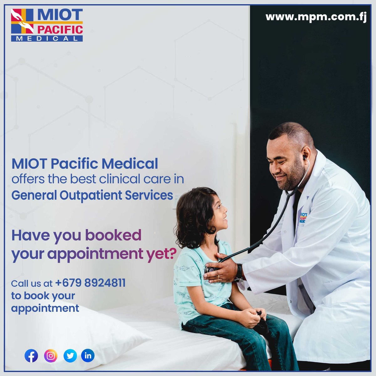 MedicalMiot's tweet image. Experience the best clinical care in general outpatient services at MIOT Pacific Medical.
Book your appointment at mpm.com.fj or call us on 8924811
Visit us at 98 Amy Street, Suva

#MIOTPacificMedical #bookappointment #priorityservice #minimalwaitingtime #fiji #suva