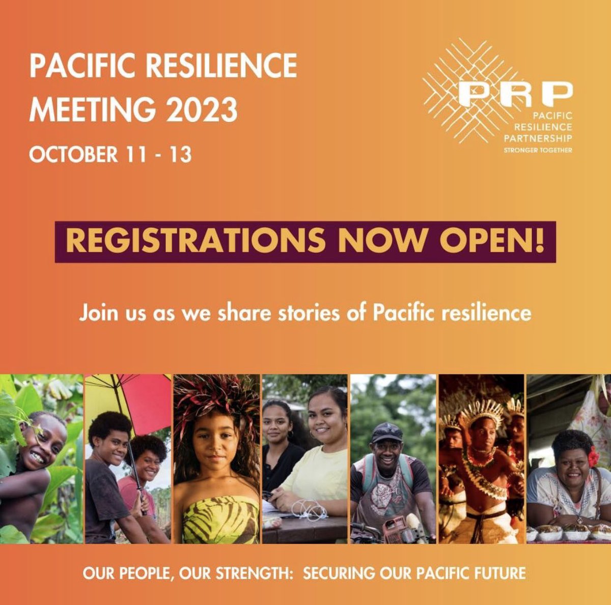 Registrations are NOW OPEN for the Pacific Resilience Meeting 2023!
 
The PRM will be held from 11-13 October, with a focus on "Our People Our Strength: Securing Our Pacific Future".
 
Sign up today 
 bit.ly/3OHT0pP
 
#PRM2023 #ResilientPacific