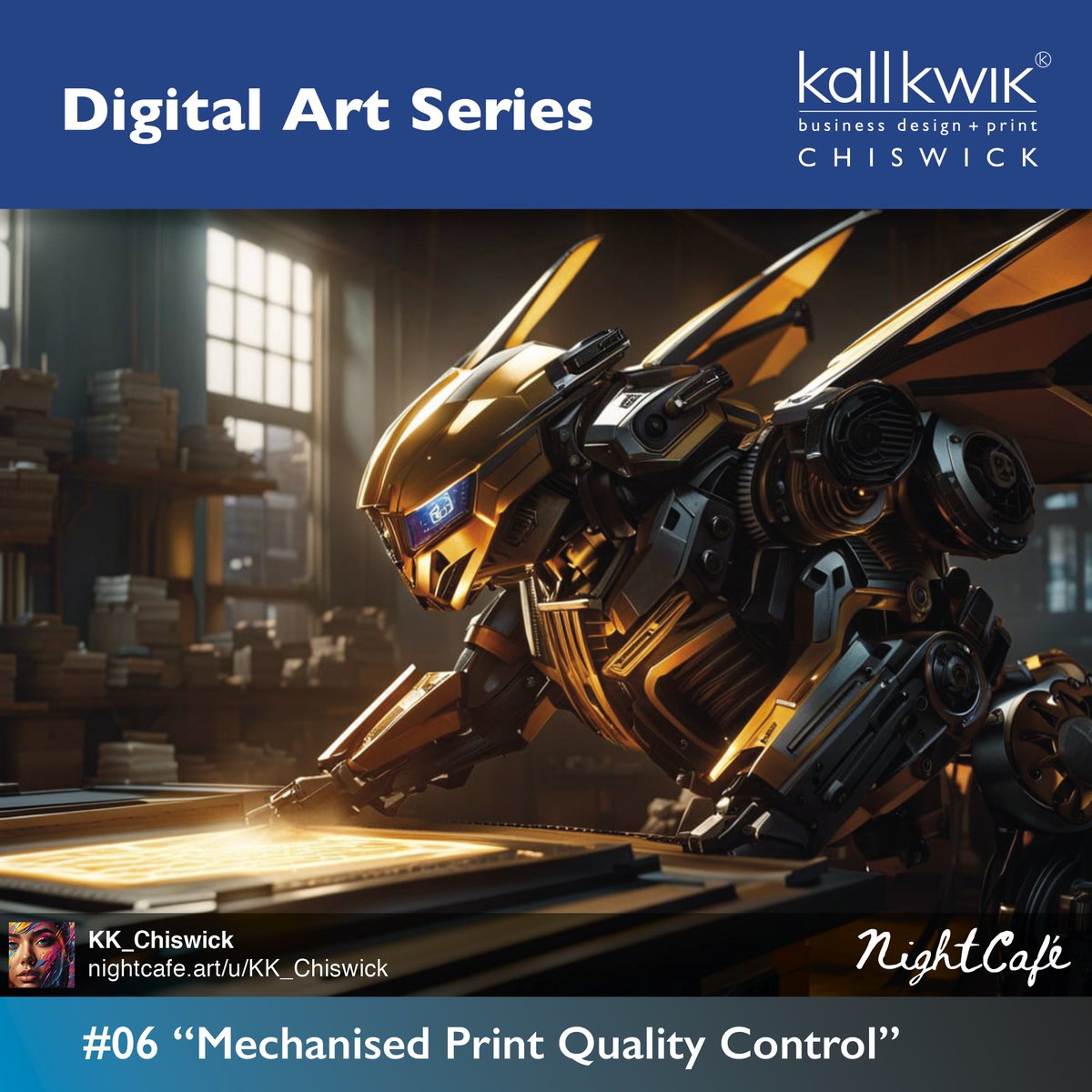 The 6th of some digital artworks inspired by the world of design &amp; print.
Sometimes very random or wacky.
No 06:  “Mechanised Print Quality Control”

created on the NightCafe site.
<a href="/nightcafestudio/">NightCafe Studio</a>

#Chiswick #printing #posters #bannerdesign #pullups #outdoorbanner