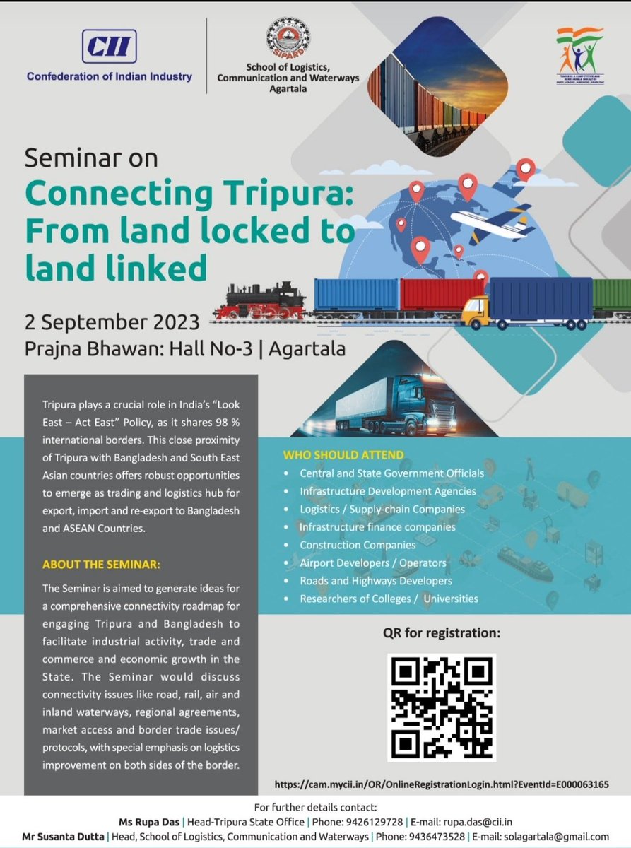 SIPARD1's tweet photo. School of Logistics, Communication and Waterways, SIPARD in association with Confederation of Indian Industry (CII)  is organizing a Seminar on "Tripura: From Land locked to Land linked" at Prajna Bhavan,  Agartala on 2nd September,2023.
#School_of_logistics https://t.co/s0aD0wRrDg