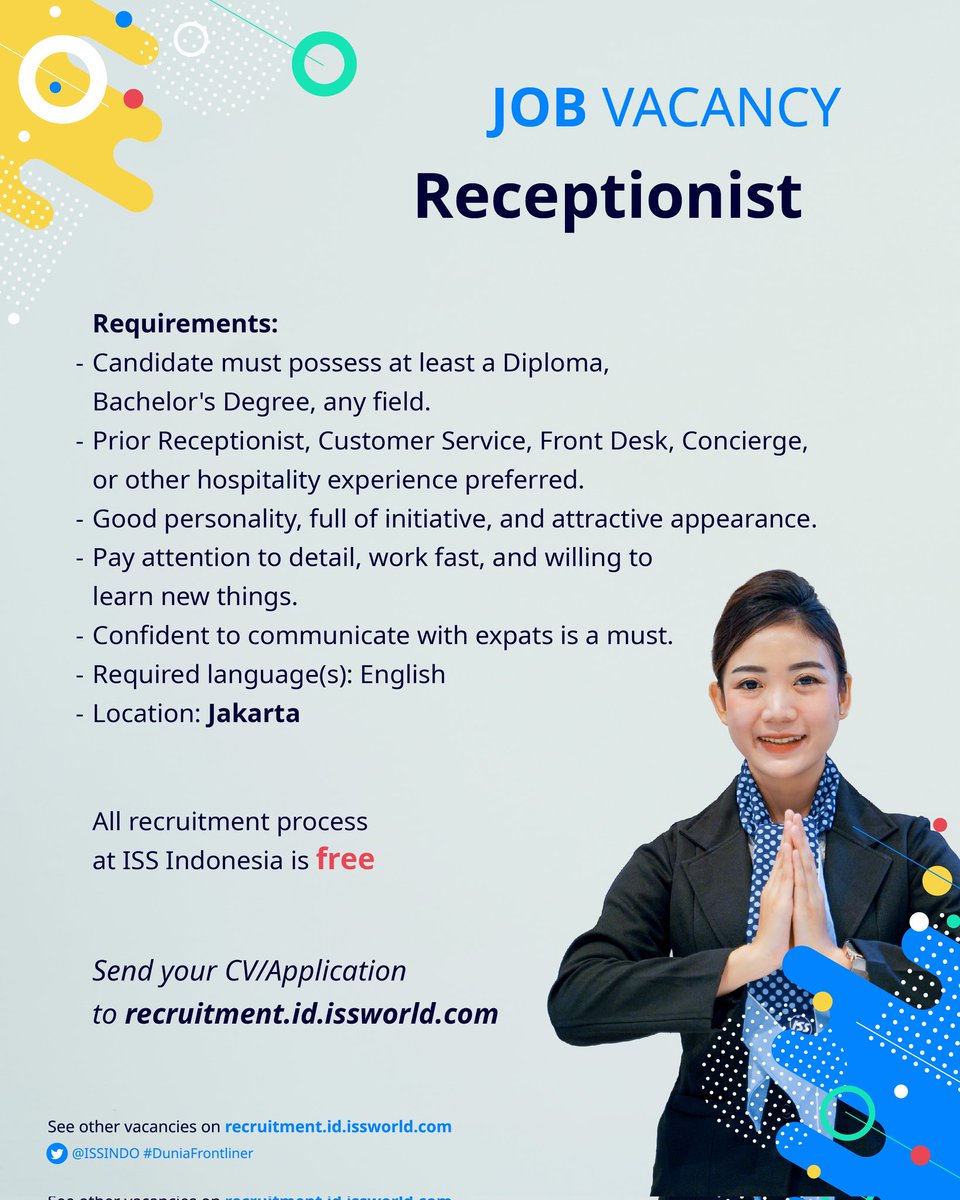 Halo Sobat Frontliner! Buat kamu yang jago Bahasa Inggris, nih mimin dapet info loker Receptionist penempatan Jakarta. 
 
Cek syarat lengkapnya di bawah ya👇🏻  

#DuniaFrontliner #SobatFrontliner #infoloker #lokerjakarta