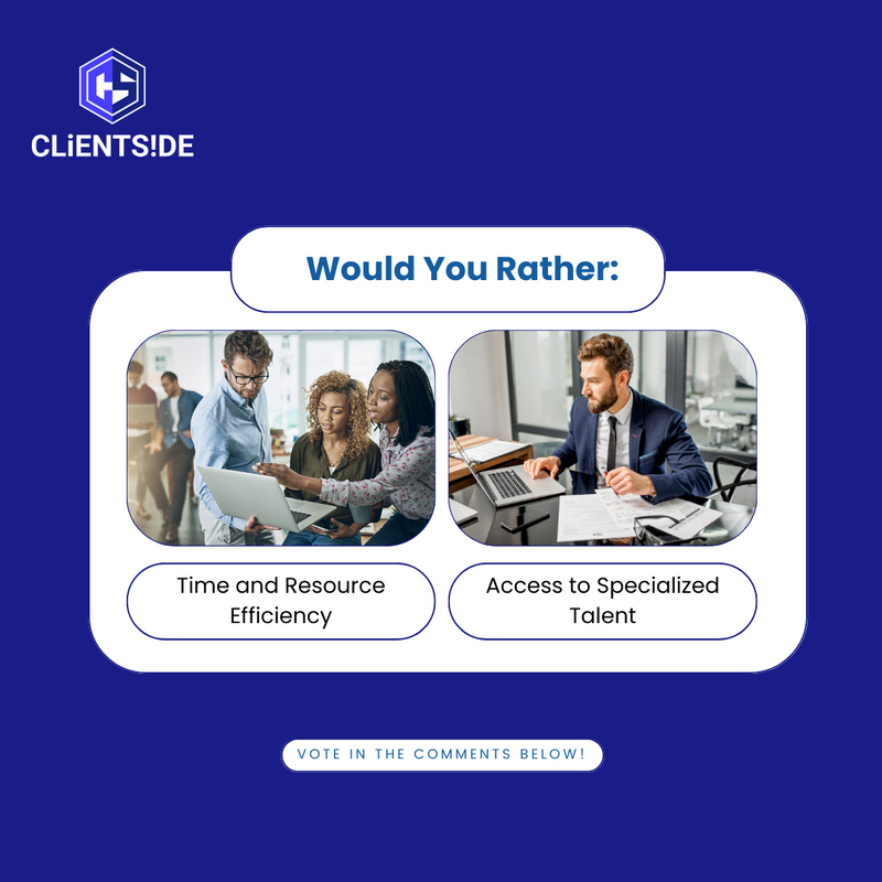 ClientSideIL's tweet image. 🕒 Time is money, and at ClientSide, we understand that better than anyone!

🤔 So, what's your pick - Time and Resource Efficiency or Access to Specialized Talent? 

Let us know in the comments!

#ClientSide