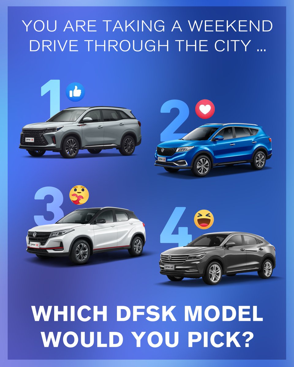 DFSKOFFICIAL's tweet photo. Decisions, decisions❓
__
Further info: https://t.co/klOOt6xDsW
#DFSK600 #DFSK580 #DFSK500 #DFSKix5 #DFSK #DONGFENG #SUV #Vehicle #Motor #Auto https://t.co/OY6hS9sxLC