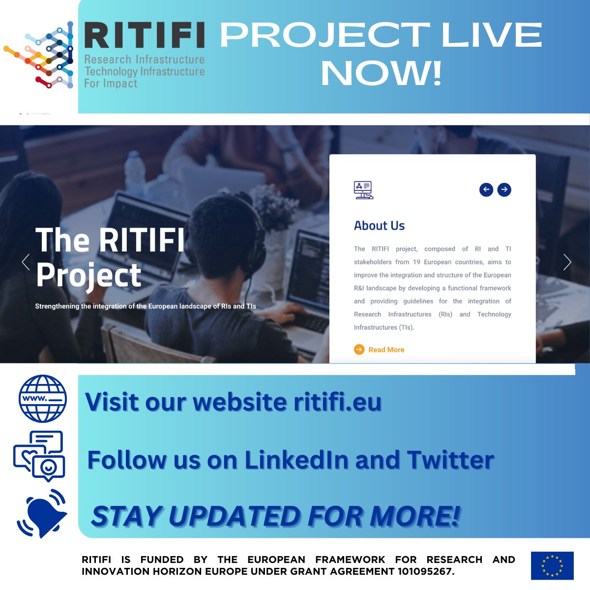 🚀Embarking on a New Era with the #RITIFI Project! A groundbreaking EU-funded initiative dedicated to revolutionizing the #EuropeanResearch & #Innovation landscape,by combining #RIs & #TIs 🇪🇺

🌐Website bit.ly/3KOHoQL
✅LinkedIn bit.ly/3OYu6Uq
#Staytunedformore!