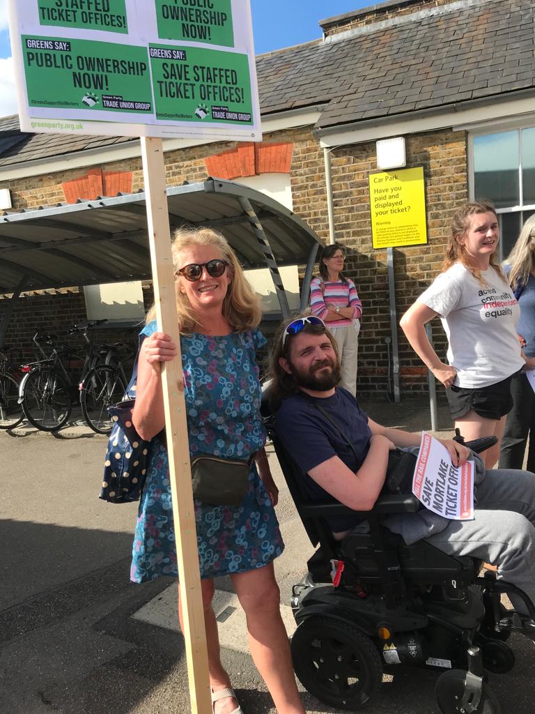 Our #mortlake cllr @NikiMBC joined @Ruils, @AlansTweets, @RichmondAID and others to protest against the ticket office closures by all rail companies including @SW_Help. Older people, those with mobility and sight issues, and the digitally excluded will all be negatively impacted.