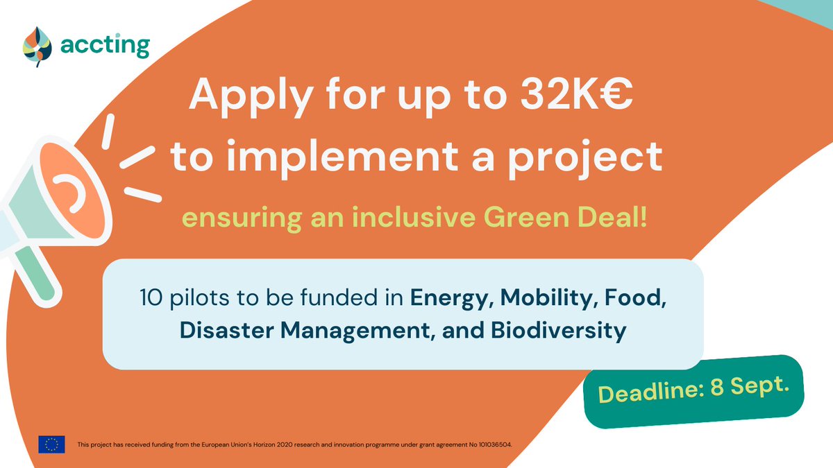 The call for <a href="/ACCTING_EU/">ACCTING</a> pilots closes in 3⃣ weeks!

Up to 32K available to implement a project addressing vulnerabilities related to the #EUGreenDeal, in the areas of:
⚡️Energy
🚲Mobility
🍏Food
🌊Disaster management
🦈Biodiversity

Find out more &amp; apply👉accting.eu/pilot-actions/