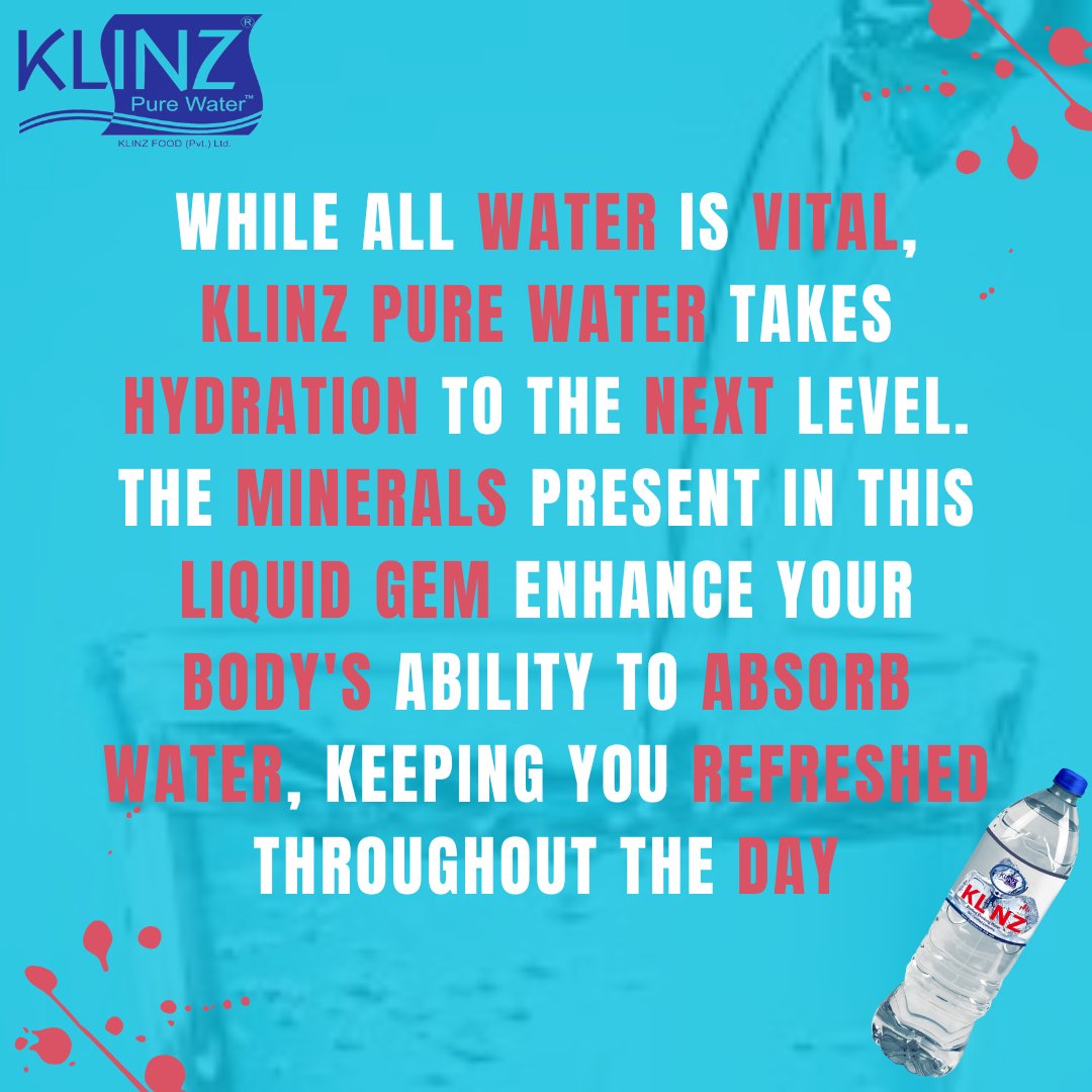 klinzwater's tweet photo. #Elevate your #hydration game with #KlinzPureWater! π¦β¨ This #liquid gem is not your average #water - it's enriched with essential #minerals that maximize your body's water #absorption. #Staycool, #stayrefreshed, #stayhydrated with #Klinz! π§
#HydrationEssentials #dehydration https://t.co/TwLgGwQu7B