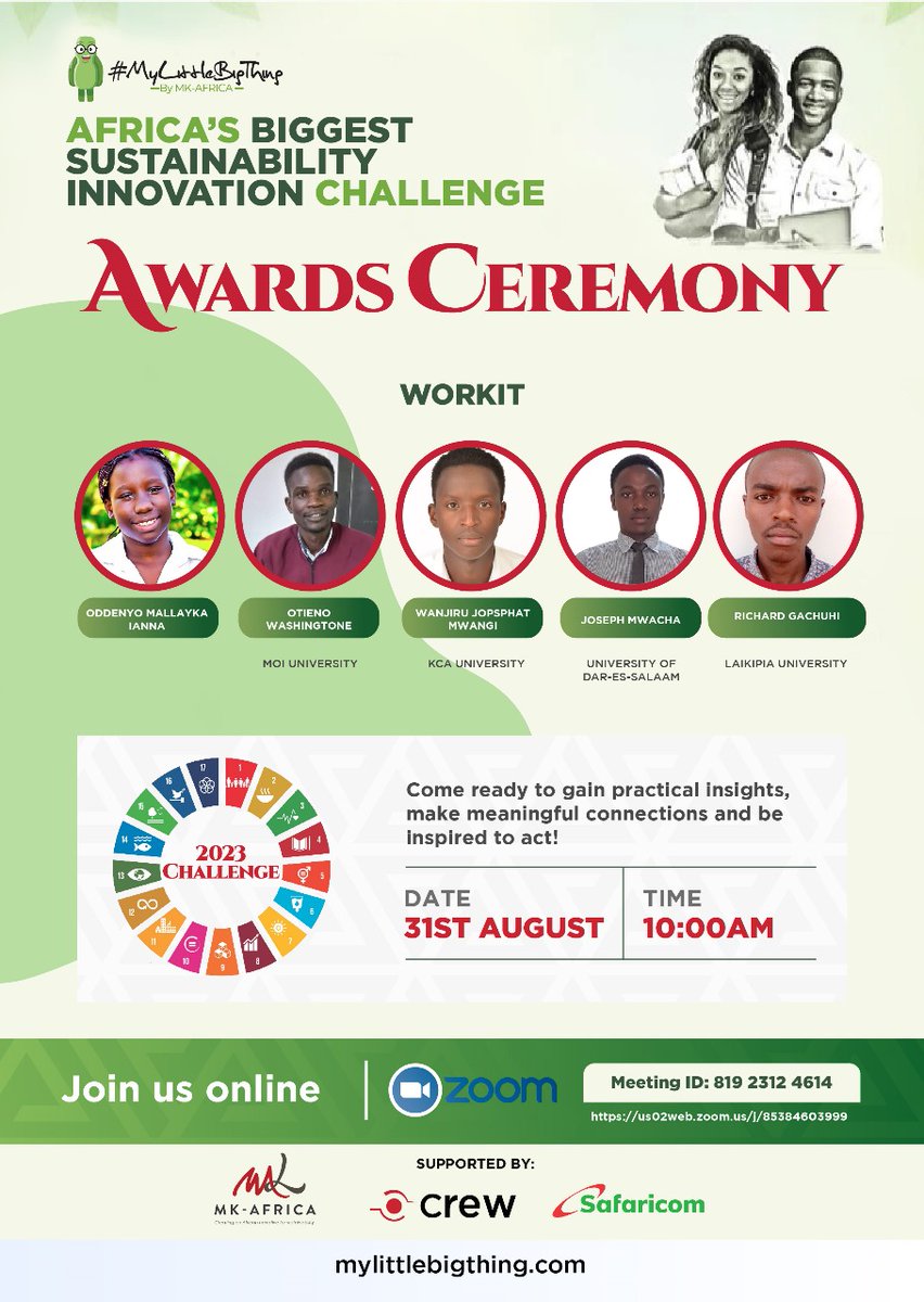 mlbtchallenge's tweet photo. Ready to dive into the world of sustainability? Join us and all teams including Workit online for the @SafaricomPLC SDGs Award Ceremony on August 31st at 10am EAT. Let's learn, connect, and be inspired together! 

Register today; https://t.co/s5yeYfRPuN 💡 #SDGsInFocus https://t.co/GAjD9vL4qg
