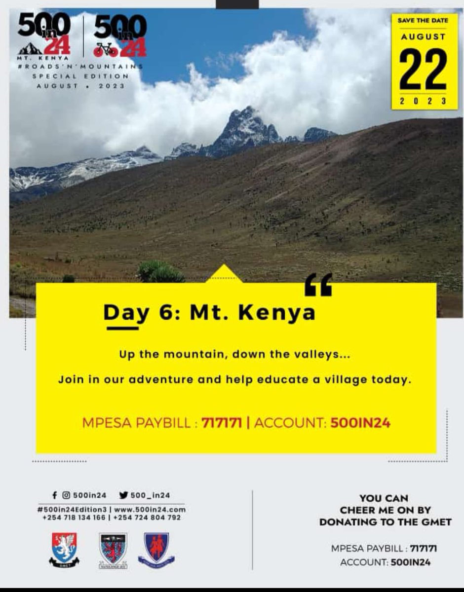 kennmunene's tweet photo. @500_in24 team has begun their ascent of Mt. Kenya!  Support their vision of funding two endowments, ensuring deserving students can experience the transformative education at Starehe. Together, we make dreams come true
GMET Paybill : 717171
A/C : 500in24 https://t.co/Q1Bns1E9VW