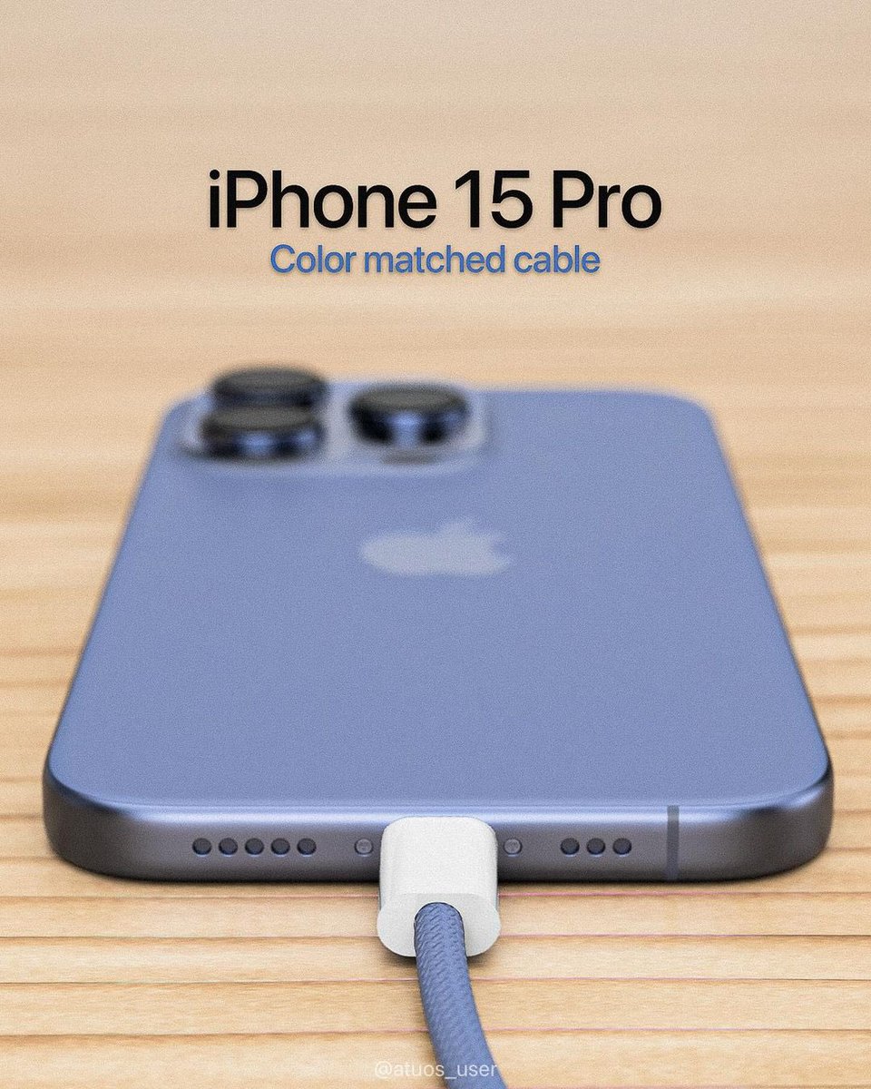 ApplesFresh_'s tweet photo. iPhone 15 Pro
According to the latest rumors, the iPhone 15 series will come with color-matched cable.
Made by @atuos_user
#apple #iphone #iphone14 #iphone14pro #iphone14promax #ìphone15pro #iphone15promax #iphone16 #ipad  #applewatch #appleevent  #render #concept #refinedsign https://t.co/bsmHEsnmKX