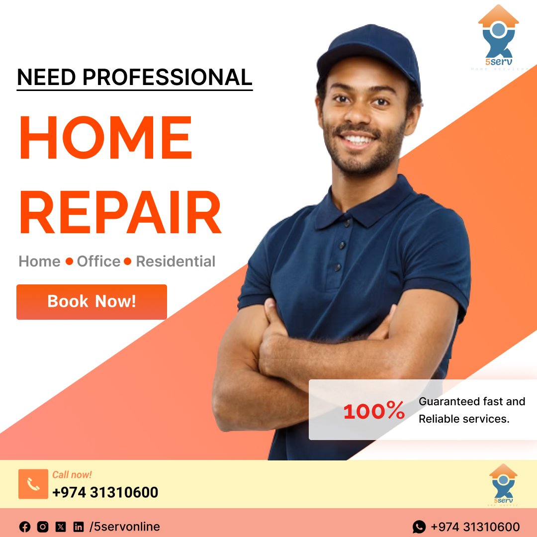 Don't let home repair issues stress you out. Trust the experts at 5Serv to tackle the job, leaving you with a picture-perfect home sweet home. 🏡🔨 #ExpertFixes #5Serv #OnDemandServices #HomeRepair