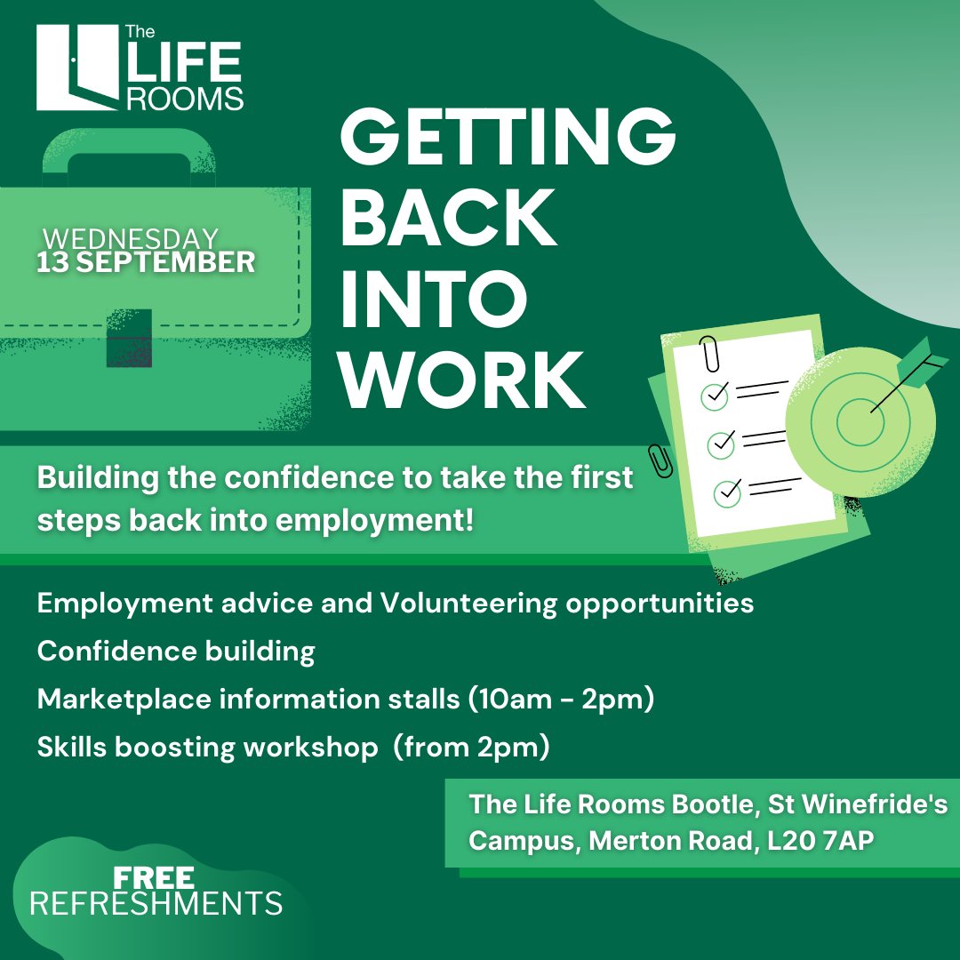 LifeRooms_MC's tweet image. Event incoming 👀

Take the first steps back into #employment with our Getting Back Into Work event 💼🙏 in #Bootle

- #VolunteeringOpportunities and employment advice
-Skills and confidence workshop!
-Marketplace information stalls of various organisations

@hughbaird @SeftonCVS