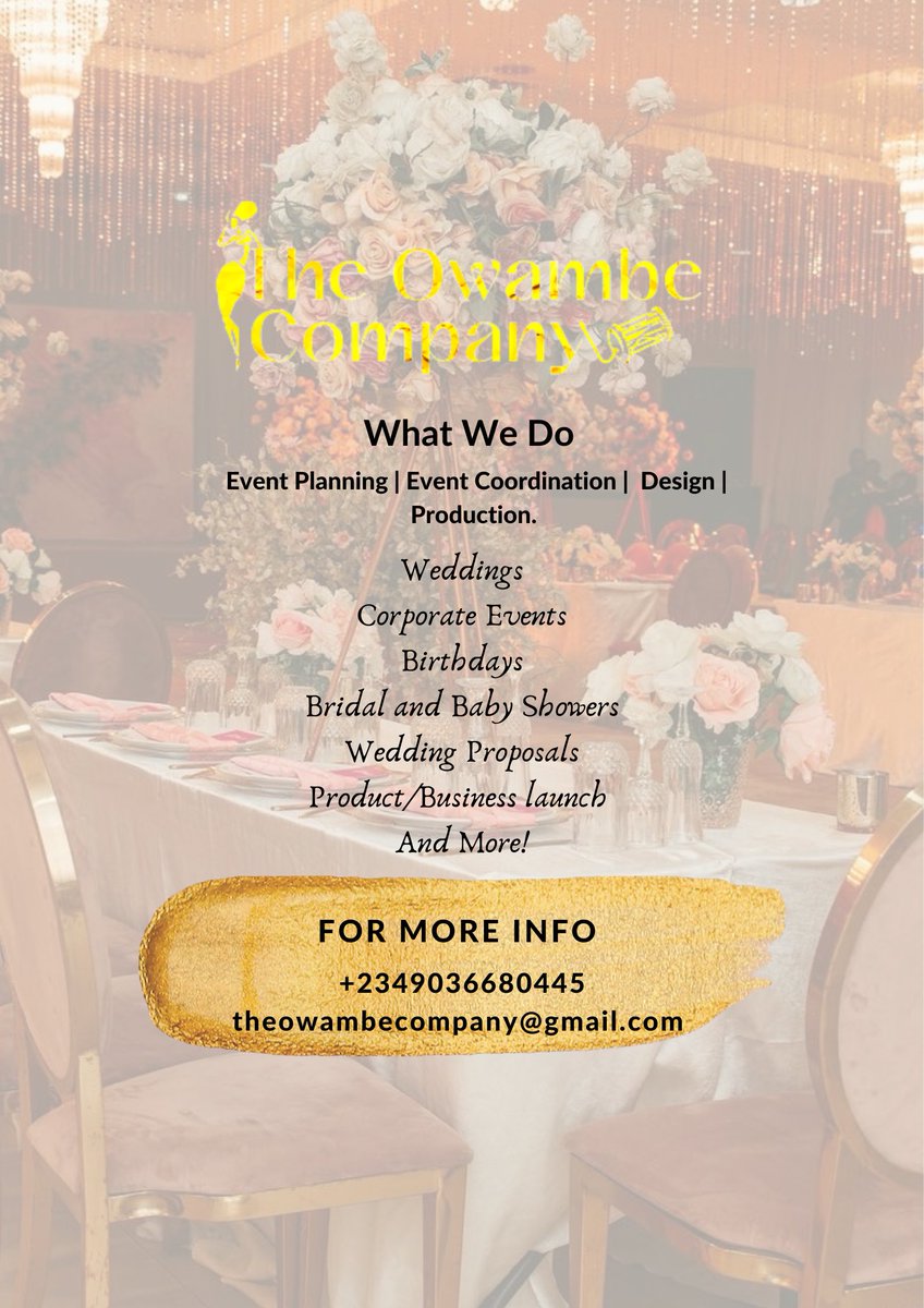 Mojoyinola__'s tweet photo. @TheOluwabukunmi Good morning,
I run a growing events company.
We plan all kinds of events.
We have dates available for the rest of year.
You can call 09036680445 to book a consultation 🤲🏾
Instagram @/theowambecompany https://t.co/uVGxkH0H1i