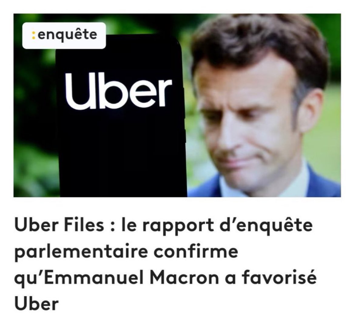On apprend que Macron œuvrait bien dans le dos du gouvernement Hollande pour favoriser Uber, société américaine, qui contourne la loi française et le fisc…🤢 Avant de demander une « aide » à cette multinationale pour financer sa campagne présidentielle…