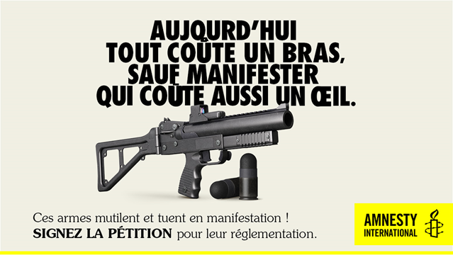 En théorie, manifester est gratuit, pourtant, vous pourriez en payer le prix fort.

Les armes dites « à létalité réduite » mutilent et tuent des manifestants dans le monde entier.

Signez notre pétition pour exiger leur réglementation 👇
amnesty.fr/petitions/pour…