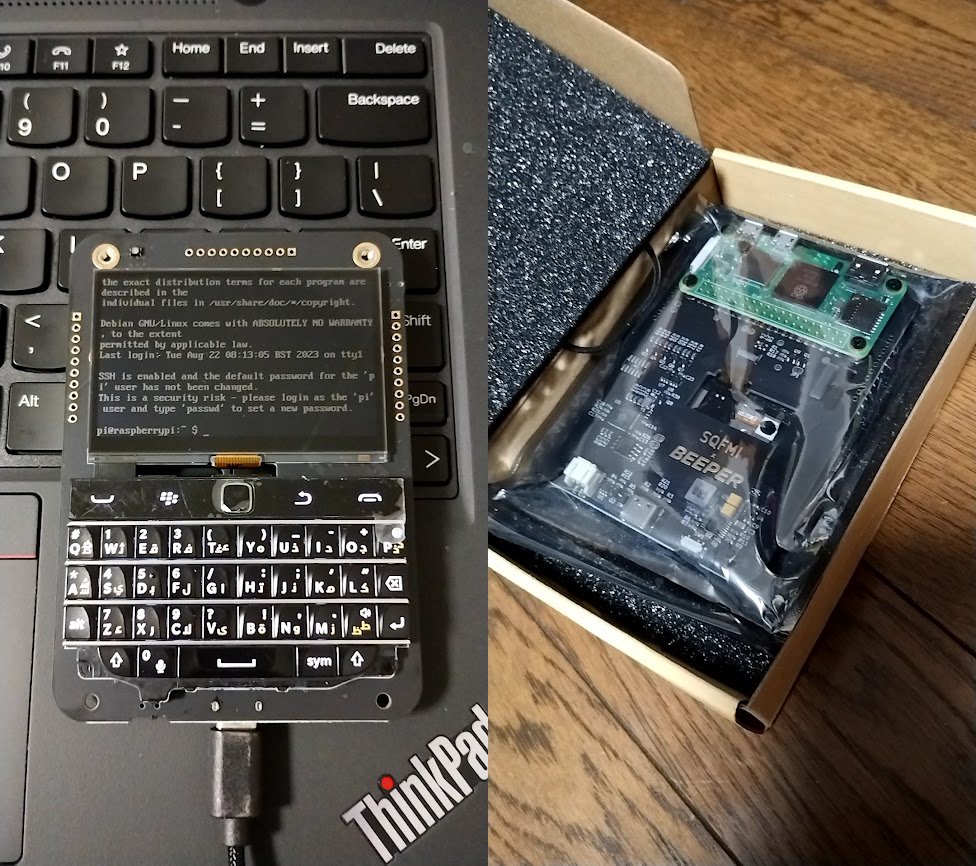 dotnsf's tweet photo. 届いた＆動いた���　まずはキーバインドの調査中（どこにも書いてないけど sym+H で | らしい、コマンドのパイプ処理に必須）。ちなみに裏は剥き出し状態 #beepy https://t.co/RVPeYyqXCR