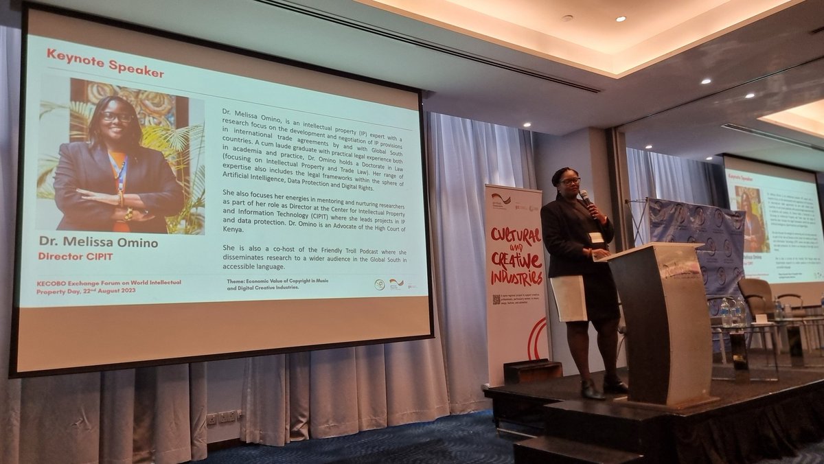 KenyaCopyright's tweet photo. "Copyright is a guardian, you are the enabler"  by  Dr. @MelissaOmino  Director @StrathCIPIT #keynote speech 
@davidmuriithi 
@giz_gmbh 
@GermanyinKenya 
@NikiMags 
@kiped721 https://t.co/i2KSPxqvDP