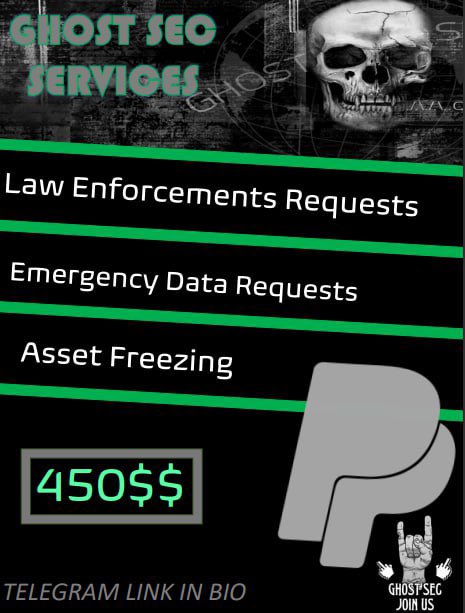 ThreatTracker's tweet photo. 👻 #GhostSec @ghost_s3curity is reportedly offering an emergency data request (and more) service for @PayPal users.

#cyber #hack #PayPal https://t.co/wwVHYqyKhe