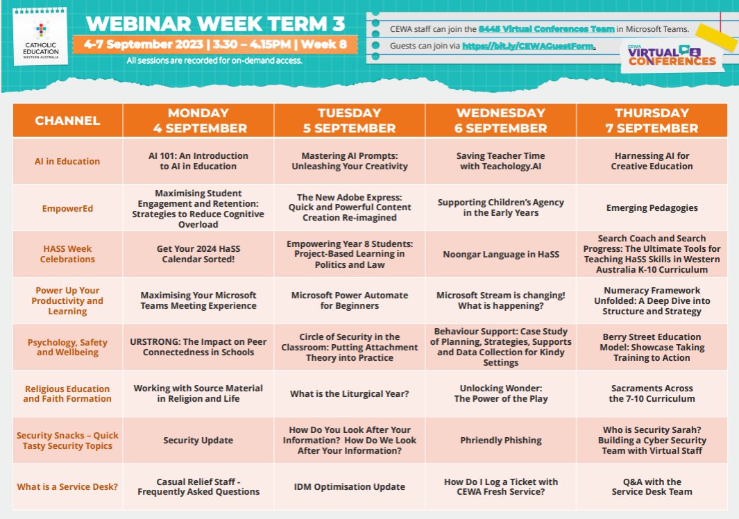 MrsKK8's tweet photo. #WebinarWeek is back for Term 3! Join the learning using the links below.
🟢CEWA Staff join the 8445 Virtual Conference Team.
🟢non-CEWA staff apply to join by completing this form https://t.co/7la8FVCkmt
The whole schedule is below. @CatholicEdWA https://t.co/ByX3YcDfDs