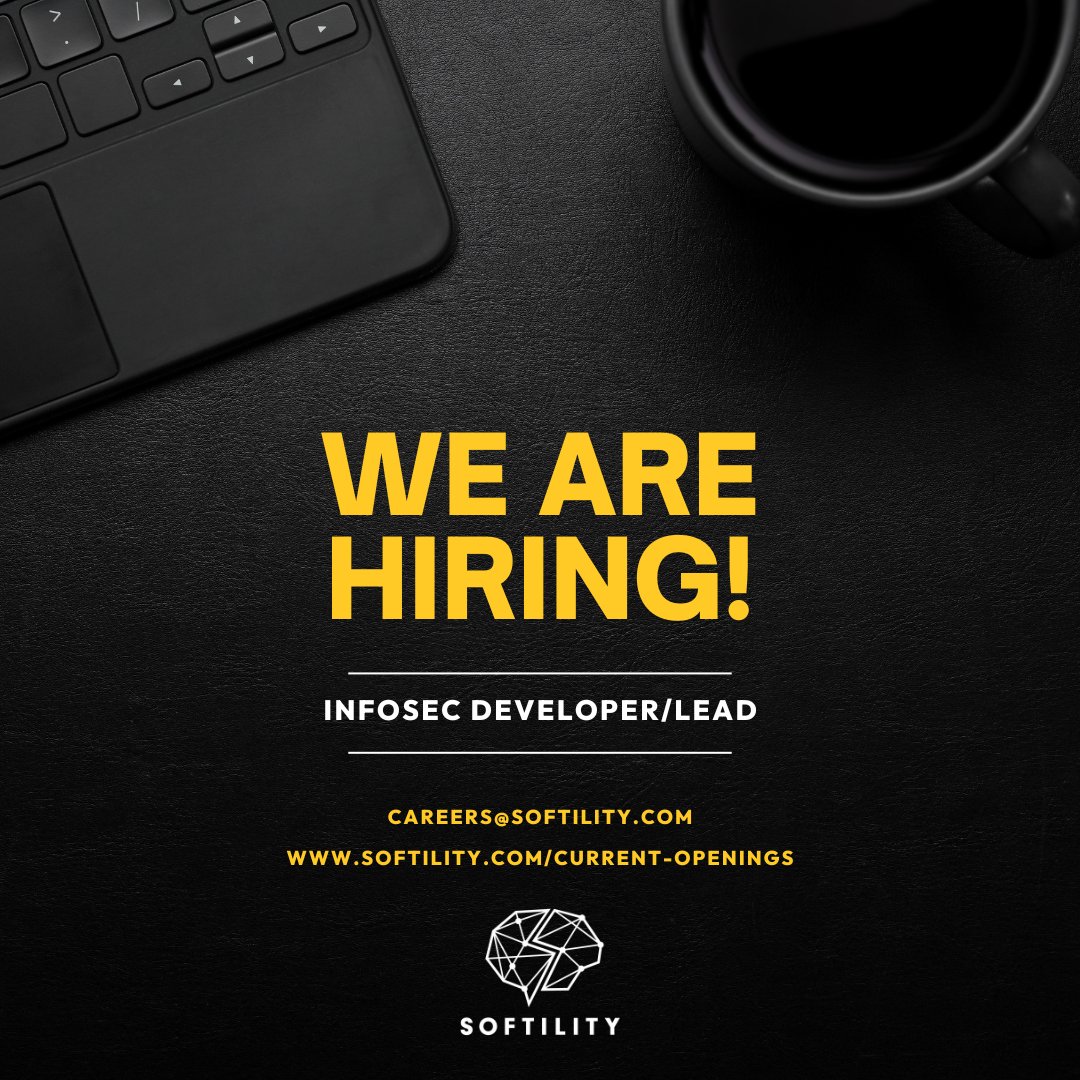 SoftilityInc's tweet photo. We're hiring #InfoSec Developers and Leads with 6+ years of experience. To apply, visit https://t.co/7mGDOLCYGx, or mail your resume to careers@softility.com  #SoftilityInc #SoftilityTech #LoveWhereYouWork place #WorkplaceWhereWomenThrive #Careers #OpenToHire https://t.co/eK7O5h9wtF