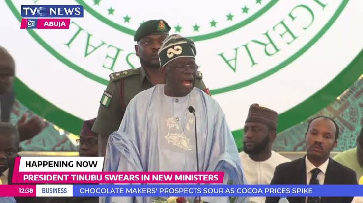 ReactivateNGR's tweet photo. President Bola Ahmed Tinubu swore in 45 Ministers, who were earlier cleared by the Nigerian Senate.

The Ministers resumed to work on Monday in their various ministries, after being sworn by the Nigerian President. 🇳🇬 https://t.co/kRPYR94g37