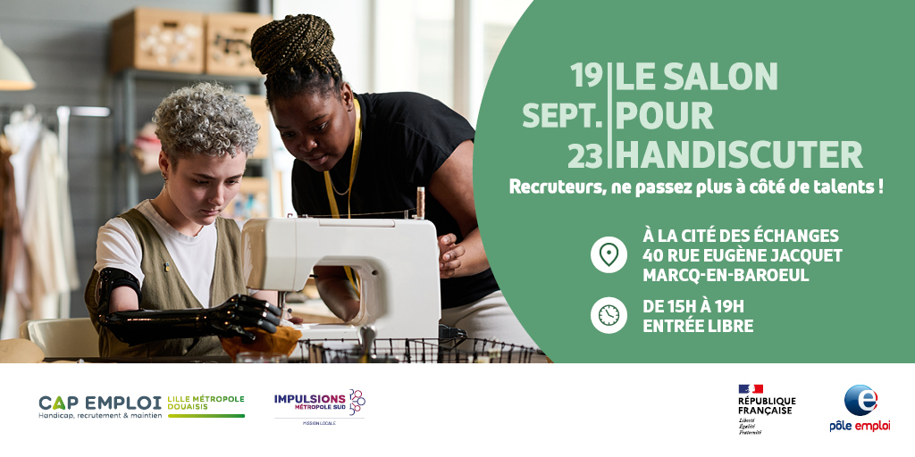 [Emploi et #handicap]📢 Le salon pour HANDiscuter🚀 Au programme ⤵ Conférences et témoignages d'entreprises HANDI'accueillantes, rencontres et échanges, espace immersif 💪 📆 19/09/23 - 15h à 19h 🚩 40 rue Eugène Jacquet à Marcq-en_Baroeul En savoir +⏩ handiscuter.pehdf.fr