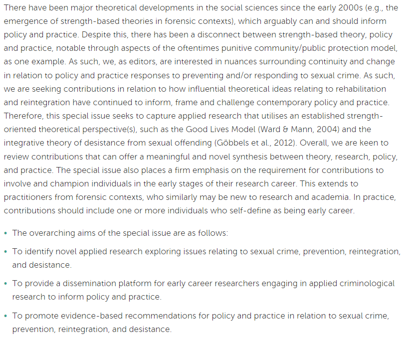 Dr Luke P Vinter (@lpvinter) on Twitter photo #CallForPapers: <a href="/kirstyteague_/">Kirsty Teague</a> & I are guest editing a special issue titled "Sexual Crime: Prevention, Reintegration and Desistance" for Journal of Criminological Research, Policy and Practice emeraldgrouppublishing.com/calls-for-pape… Esp keen on submissions from #EarlyCareerResearchers Please RT #CallForPapers: <a href="/kirstyteague_/">Kirsty Teague</a> & I are guest editing a special issue titled "Sexual Crime: Prevention, Reintegration and Desistance" for Journal of Criminological Research, Policy and Practice emeraldgrouppublishing.com/calls-for-pape… Esp keen on submissions from #EarlyCareerResearchers Please RT