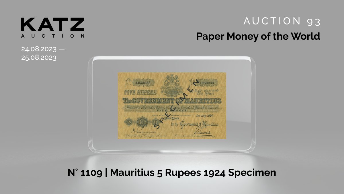 katzauction's tweet photo. https://t.co/8QERrfe0Uy
N° 1109 | Mauritius 5 Rupees 1924 Specimen
P# 16s, # 953933; AVF

Are you into collecting interesting banknotes? Explore KATZ Auction! You can already place your bids at our site.

#auction #KATZauction #papermoney #lots #papermoneycollection

#paper_money https://t.co/XzrA4Gmx5k