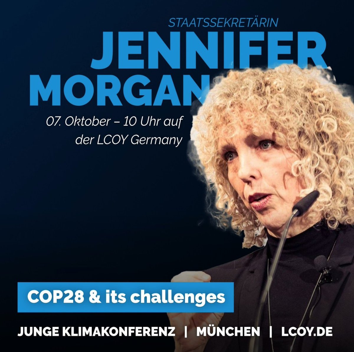 lcoygermany's tweet image. Die UN-Klimakonf. (COP28) im November wirft Fragen zu Herausforderungen auf dem Weg zum Pariser Klimaziel auf. Jennifer Morgan, Staatssekretärin und Sonderbeauftragte für internationale Klimapolitik im Auswärtigen Amt, berichtet am 7.10. in einer Podiumsdiskussion über die COP28.