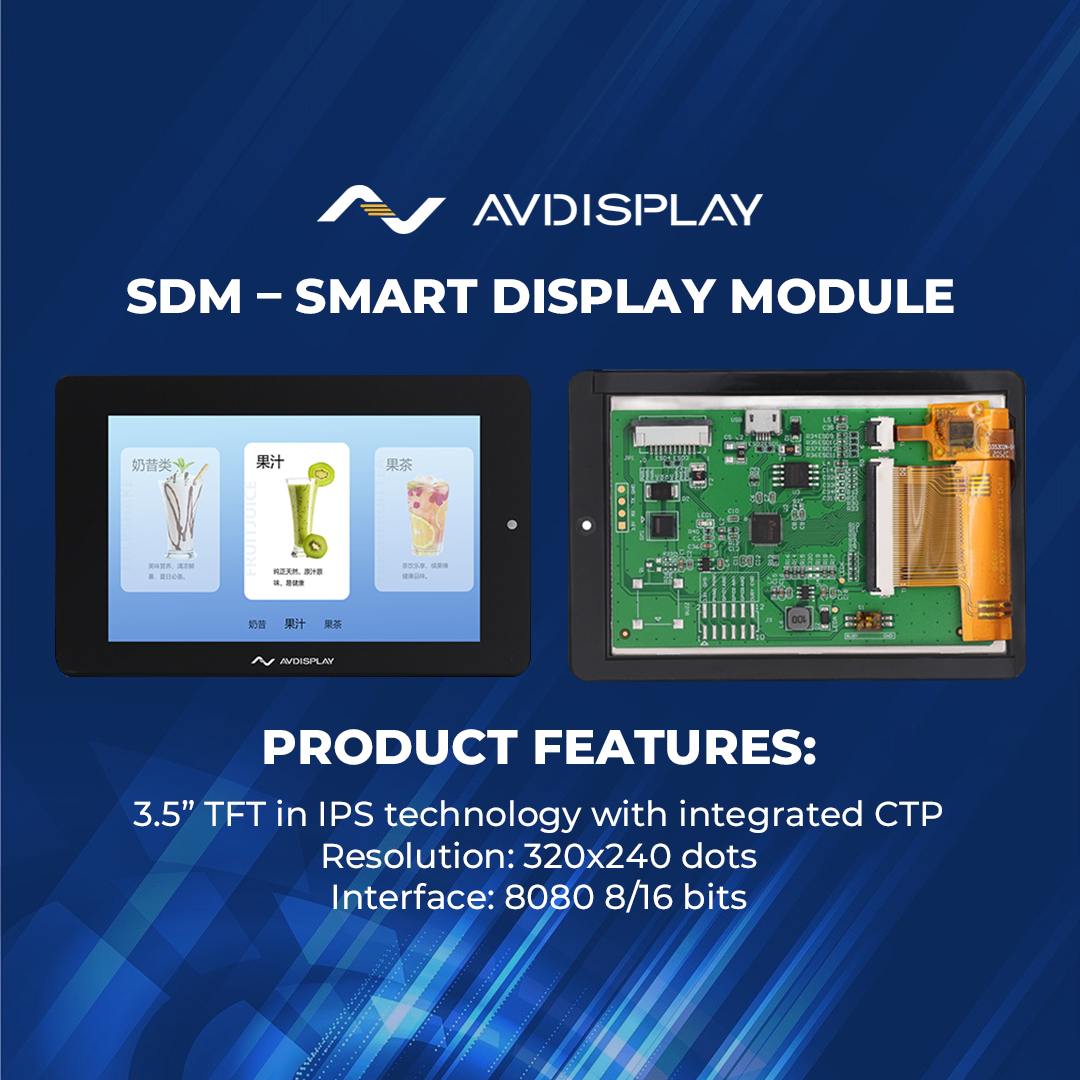 On the photo, you will see our latest development, which is a 3.5” TFT smart display, with a built-it serial port. The display has a resolution of 320*240 dots and is also fitted with an integrated CTP.