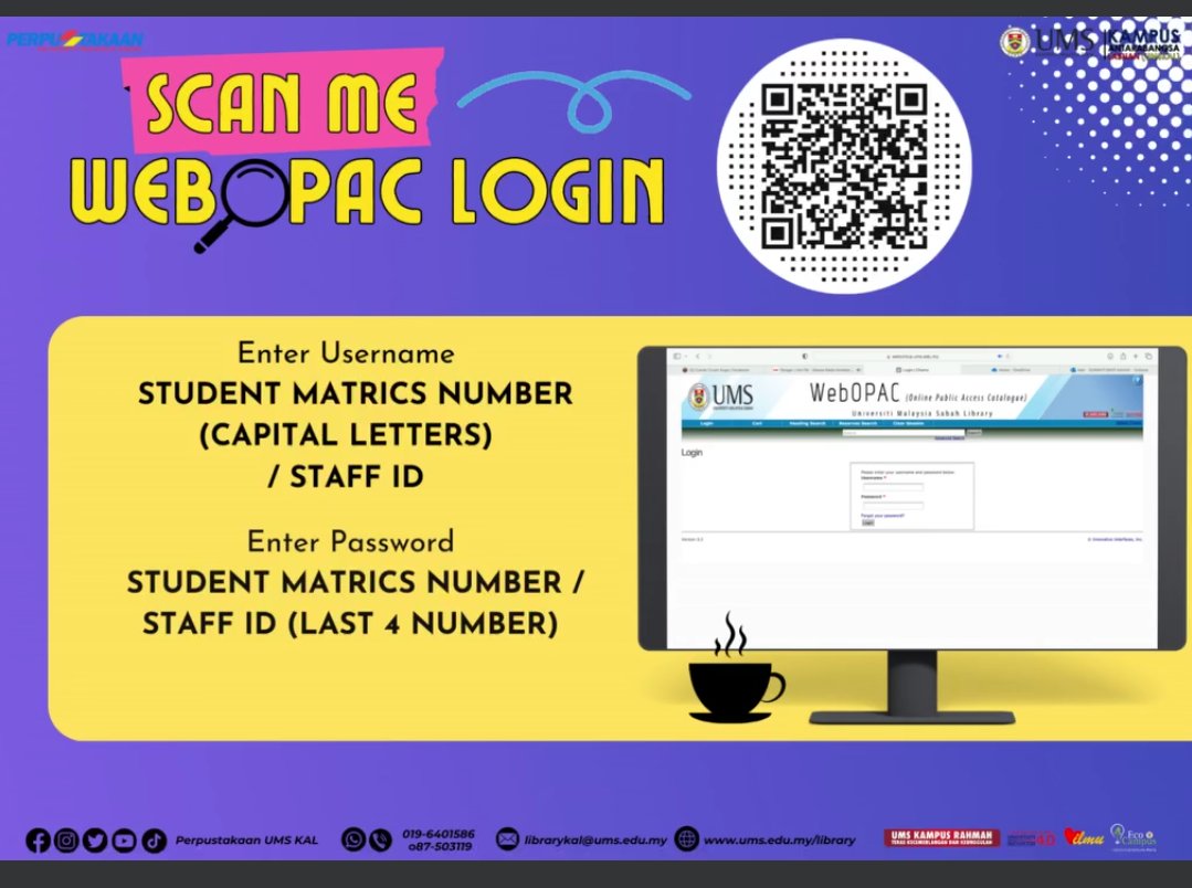 Libkal_UMS's tweet image. Makluman✌️

Berikut adalah cara atau panduan ringkas bagi menggunakan WEB OPAC Perpustakaan.

ATAU
Imbas Kod QR (Dalam Poster)

Sebarang pertanyaan atau masalah, sila hubungi talian whatsapp atau emel berikut. 

#WebOpac
#LibraryUMSKAL