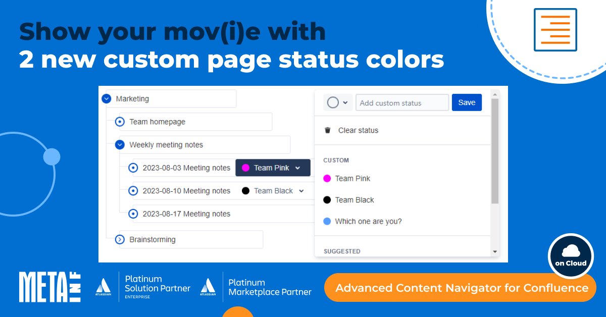 META-INF (@metainf) on Twitter photo Has a movie inspired you lately to join team pink đ©· or team black đ€?
Embrace your team with the 2 new custom page status colors of the Advanced Content Navigator for <a href="/Confluence/">Atlassian Confluence</a>.
Try our renewed productivity app for a whole lot more features đ bit.ly/ACNC Has a movie inspired you lately to join team pink đ©· or team black đ€?
Embrace your team with the 2 new custom page status colors of the Advanced Content Navigator for <a href="/Confluence/">Atlassian Confluence</a>.
Try our renewed productivity app for a whole lot more features đ bit.ly/ACNC