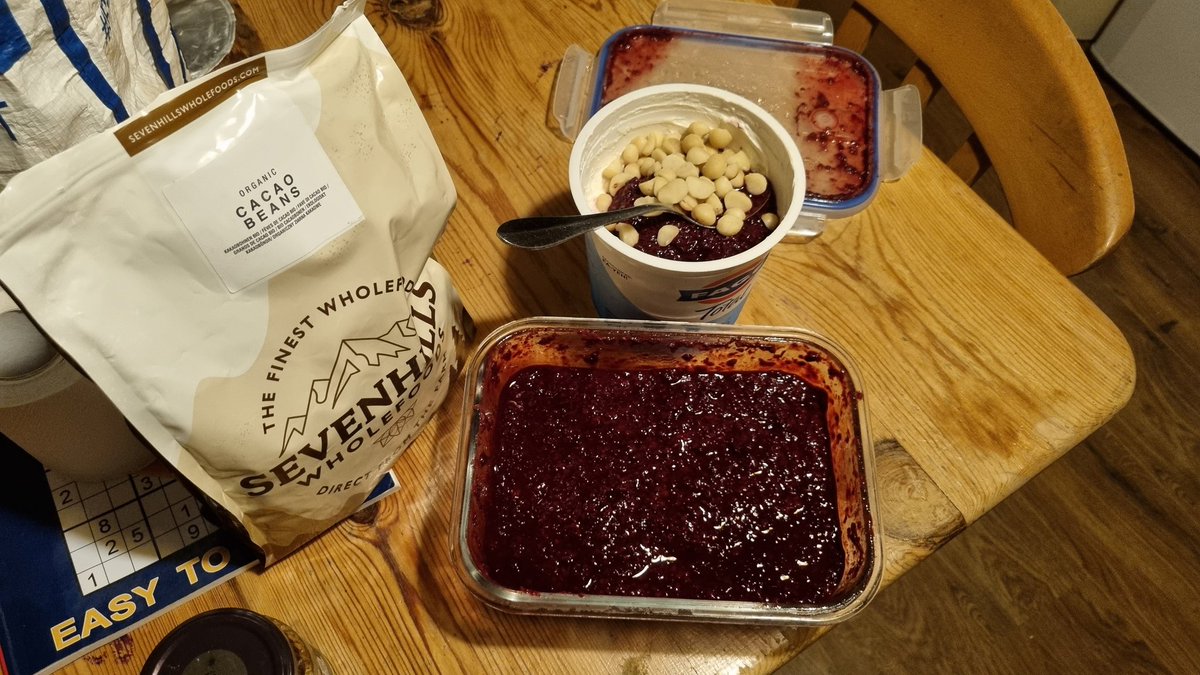 BasilLivanos's tweet photo. I added cacao beans along with the macadamia nuts. I was so excited to eat it that I forgot to take a typical food pic.
Cacao beans (100% dark chocolate) are my new 2nd favourite thing.
#berryconserve #blackberryjam #macadamianuts #cacao #cacaobeans  #100percentdarkchocolate https://t.co/ViIcB6SJS6