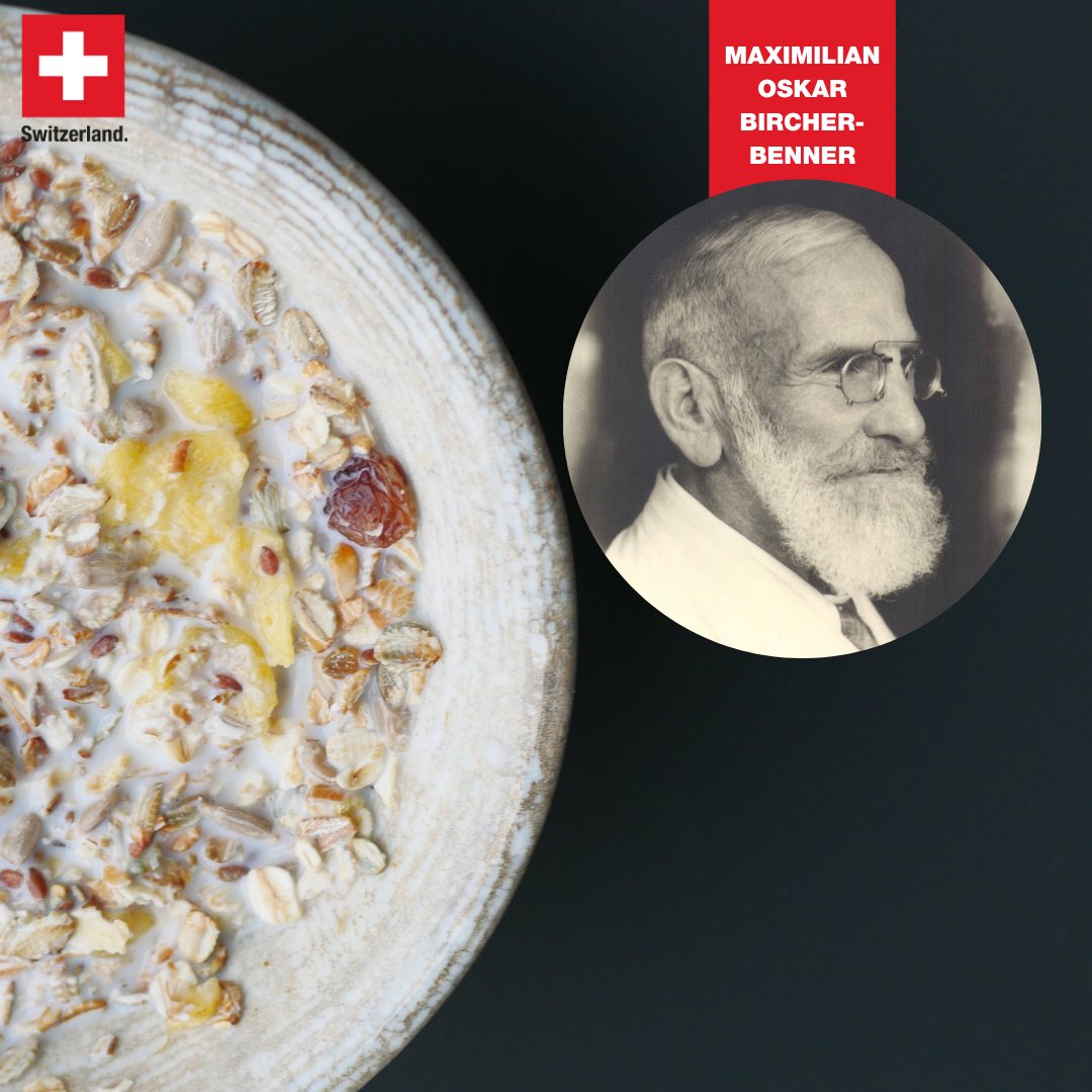 AbtSwitzerland's tweet photo. Today at breakfast, wish a happy birthday to the Swiss doctor Maximilian Oskar Bircher-Benner! 
He is the inventor of the Swiss breakfast classic that has become a worldwide success: Birchermüesli! 😋 
Discover the story of this dish 👇 
https://t.co/I9xxjrd3Vs https://t.co/R4vmUnaBhC