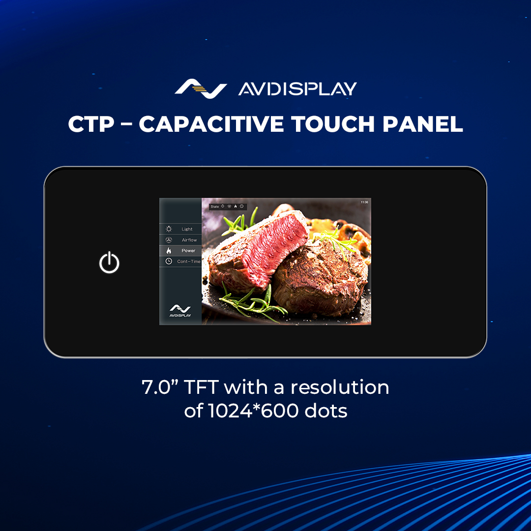 On the photo, you can see our 7.0” TFT with a resolution of 1024*600 dots, with a cover lens and capacitive touch panel. Our display solutions are used in numerous application, e.g., laundry machine, refrigerator, range hood, cleaning robotic.