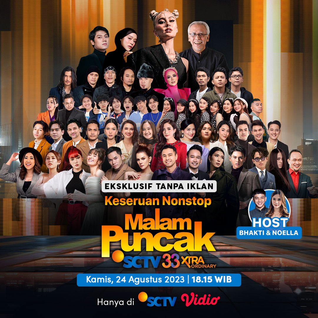 vidio's tweet photo. Malam Puncak HUT SCTV Ke-33!!
Dimeriahkan dengan berbagai penampilan Iwan Fals, Agnez Mo, Dewa 19, dan masih banyak lagi!!
Nonton di Vidio pada hari Kamis 24 Agustus 2023 pukul 18:15 WIB.
Cek disini ๐๐ป https://t.co/1Wc3siVe07
#SemuaAdaDiVidio #HUTSCTV33 #SCTVSpecial https://t.co/hOepK7h5Gn