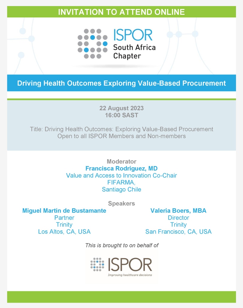 Invitation to attend the ISPOR Driving Health Outcomes: Exploring Value-Based Procurement Webinar on 22 August 2023 at 16:00 SAST

Follow the link to learn more and register: ispor.org/conferences-ed…

#ispor