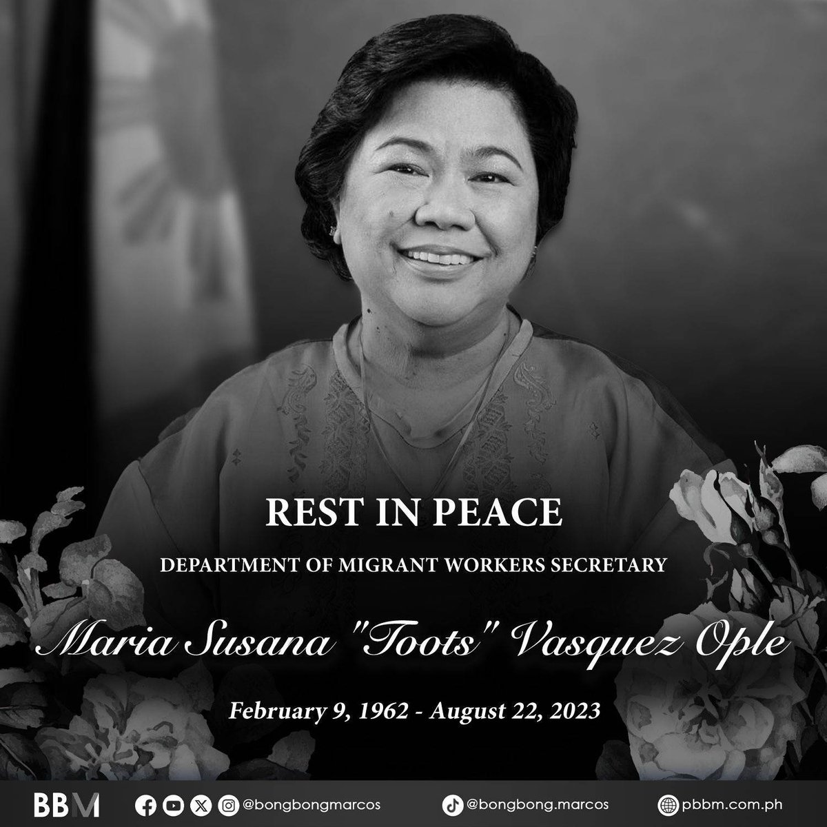 With the passing of Toots Ople, I have lost a dear and much valued friend. 

The Philippines now also mourns a great champion for the labour movement in the Philippines. She dedicated her life, in every waking moment, to the welfare of labourers in general and migrant workers in