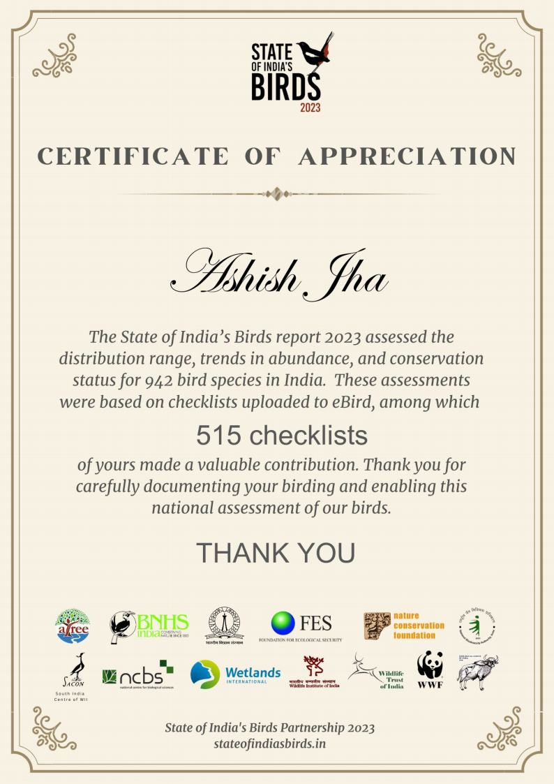 Ashish Jha आशीष 🇮🇳 (@ashishdurg) on Twitter photo Dear <a href="/SoIB_India/">State of India's Birds</a> Thank you for this kind gesture and sending across Certificate of Appreciation to us birdwatchers. Happy to have contributed to this endeavor. Dear <a href="/SoIB_India/">State of India's Birds</a> Thank you for this kind gesture and sending across Certificate of Appreciation to us birdwatchers. Happy to have contributed to this endeavor.