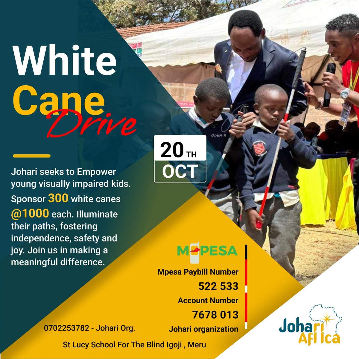 I hope your day is coming along nicely my people.
Bado tunaskuma hii #WhiteCaneDrive ikuwe a success. Target ni 300 whitecanes. Moja 1000 bob. But doh yoyote can be of help. 
Paybill 522 533
A/c no. 7678 013 
RT WIDELY we impact lives. Asanteni <a href="/Johariorg/">Johari</a>