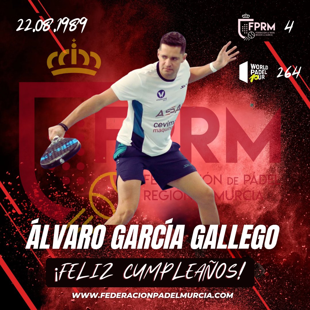 FedPadelMurcia's tweet photo. 🎹 Feliz Cumpleaños Álvaro García Gallego!!!
🌍 Santiago de la Ribera,Murcia, España 🇪🇸
🎂 22 / 08 / 1989
Deseamos que pases un gran dia!👌
#SomosFPRM #WorldPadelTour💙 #Murcia #Padel #FPRM #regiondemurcia #deportesmurcia @alvaracogarcia https://t.co/zc1hVFjWjn